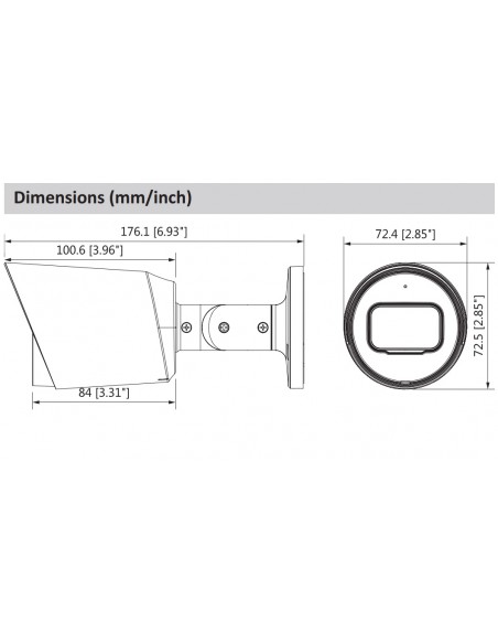 Dimensiones bala metalica 1080P DH-HAC-HFW1200TN-0360B